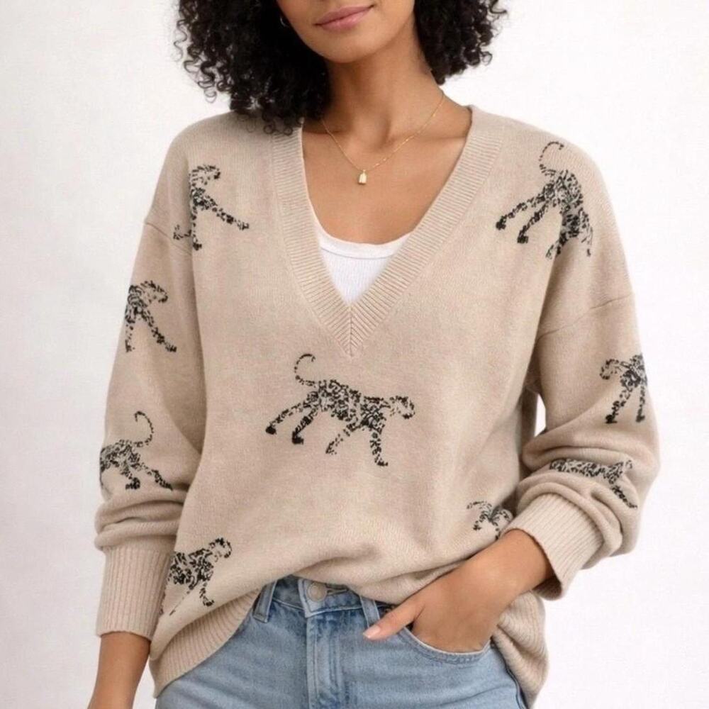 Philosophy Woman Beige Leopard Cheetah Intarsia V-Neck Sweater Tunic 1X